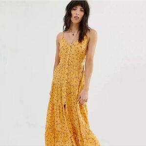 Band of Gypsies Small Button front Tiered Maxi Dress Gold/yellow Floral